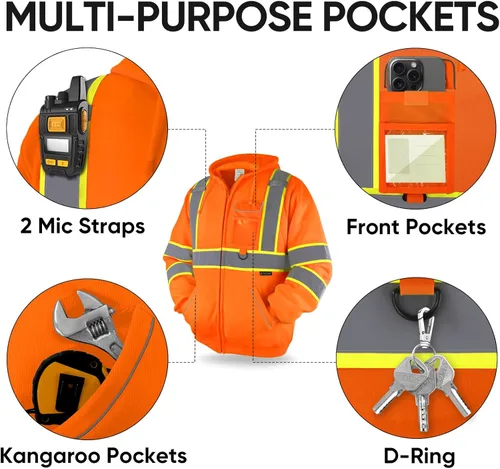 Miniatura 4 de TICONN Chaqueta con capucha de seguridad, sudadera con capucha reflectante de alta visibilidad, equipo de PPE para clima frío cumple con ANSI III