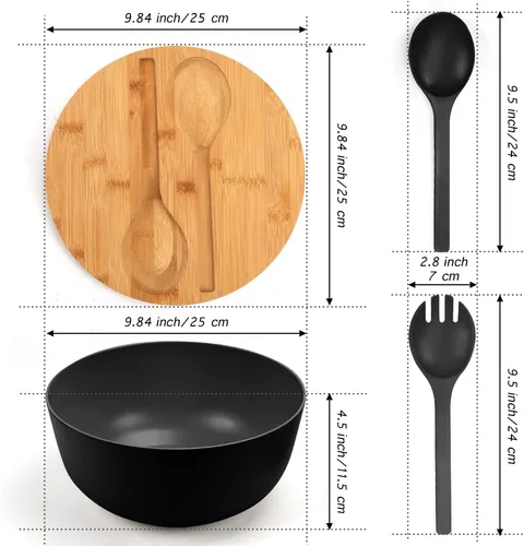 Miniatura 6 de ShineMe Juego de Ensaladera Negra, Ensaladera Grande de Fibra de Bambú de 9.8 pulgadas con Tapa y Utensilios (Cuchara y Tenedor), Tazón Sólido