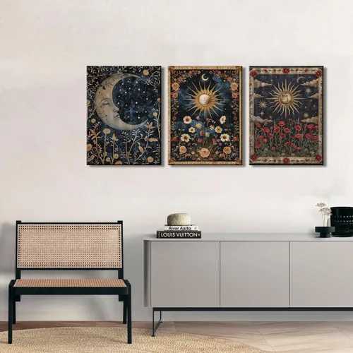 Miniatura 4 de Arte de pared celestial de sol oscuro y luna con tarot gótico espiritual, pintura de bruja, astrología, póster místico, impresiones en lienzo