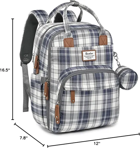 Miniatura 9 de RUVALINO Mochila para pañales, Paquete de viaje multifunción Bolsas cambiadoras para bebés de maternidad, gran capacidad, impermeable, cuadros azules