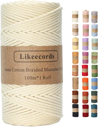 Cordón de algodón trenzado de 0.11 pulgadas x 109 yardas, cuerda de algodón para macramé natural, estilo bohemio, para colgar plantas hechas a mano