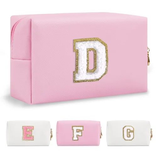 Miniatura 297 de Pequeña bolsa de maquillaje personalizada con inicial A-Z Preppy Patch, bolsa de cosméticos de viaje de felpilla blanca con cremallera, bonita bolsa