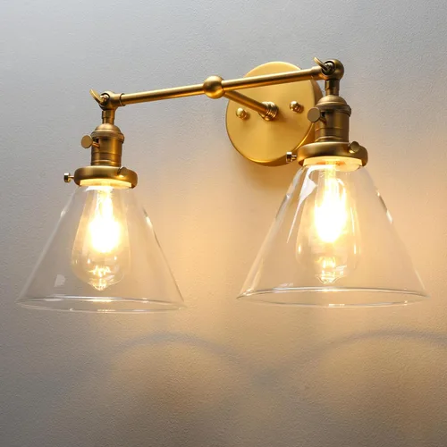 Miniatura 2 de PERMO Apliques de pared dobles vintage industriales dorados de 2 luces con sombra de vidrio transparente acampanado estilo embudo, apliques de pared