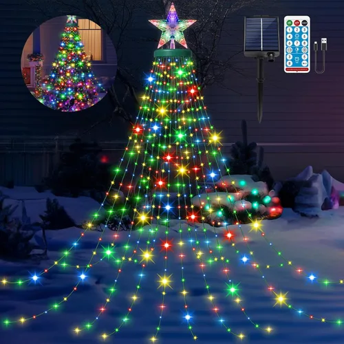 Miniatura 8 de Luces solares para árbol de Navidad con estrella de 6.6 pies x 16 líneas, 410 luces LED de Navidad con 8 modelos de temporizador remoto, luces