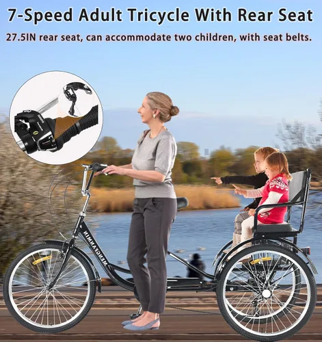 Miniatura 6 de Triciclo para adultos de 7 velocidades, triciclo para adultos con asiento trasero para damas, bicicletas de 3 ruedas de 24 pulgadas, triciclo