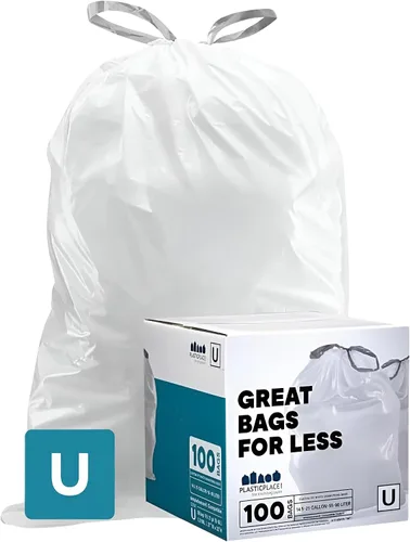 Plasticplace Bolsas de basura de ajuste personalizado, compatibles con simplehuman Code U (100 unidades) forros de basura blancos con cordón de