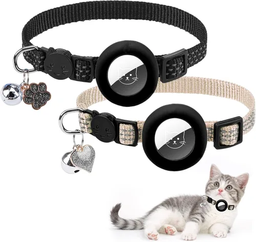 PUPTECK Airtag - Collar de gato Breakaway 2 unidades con campanas, collar reflectante para gatito con soporte para etiqueta de aire para niños y