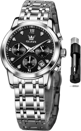 Miniatura 13 de OLEVS Reloj multifuncional de dos tonos para mujer, reloj analógico de cuarzo para mujer, de acero inoxidable, resistente al agua, con diamantes