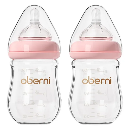 Miniatura 14 de Oberni Biberones de Vidrio para Bebé, Biberón Anticólico de Lactancia Materna con Tetina de Respuesta Natural Talla S, Biberón de Cuello Ancho y Rosa