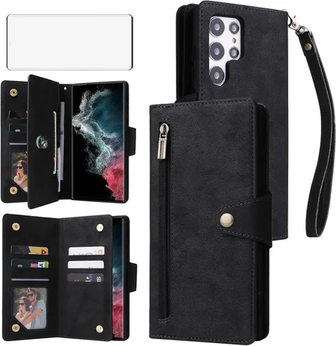 Asuwish Funda de teléfono para Samsung Galaxy S23 Ultra 5G Funda tipo cartera y protector de pantalla de vidrio templado, soporte para tarjetas de