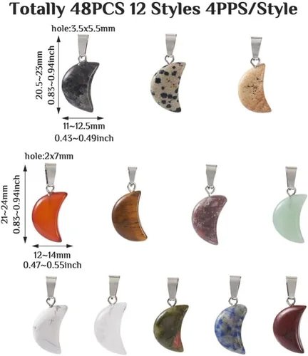Miniatura 3 de FASHEWELRY 48 colgantes de piedra en forma de luna, 12 estilos mezclados de piedras preciosas naturales, dijes de cristal curativo para hacer joyas