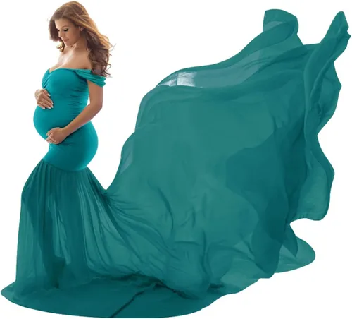 Vestido de maternidad para mujer para fotografía, sirena con hombros descubiertos, ajustado, vestido de gasa, holgado, para baby shower, maxi