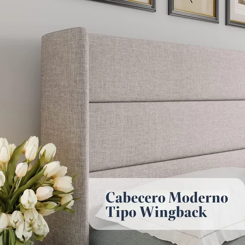 Miniatura 4 de Allewie Cama de almacenamiento elevable tamaño Queen, cabecera moderna con respaldo alado, soporte hidráulico, no necesita somier, color beige claro