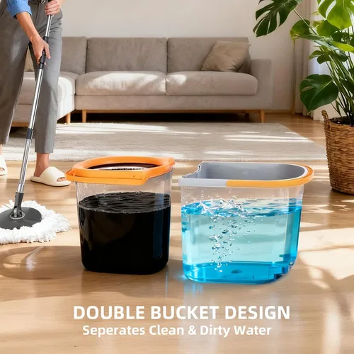 Miniatura 2 de Juego de trapeador giratorio y cubo, cubos dobles desmontables separan el agua sucia con escurridor de acero inoxidable para limpieza de suelos