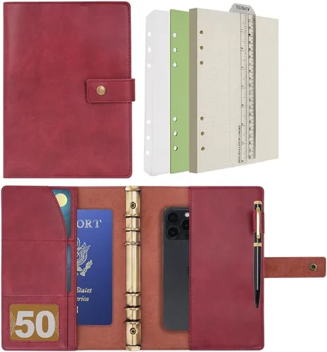 Miniatura 18 de WONDERPOOL Cuaderno de cuero recargable, cuaderno en espiral, carpeta de carpetas de diario A5 con puntos y bolsillos interiores para viajes, Marrón