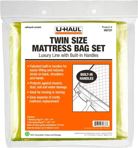 U-Haul Juego de colchón y bolsa de somier, tamaño individual, funda protectora para mudanza y almacenamiento, 2.25 mil, incluye 1 colchón y 1 bolsa