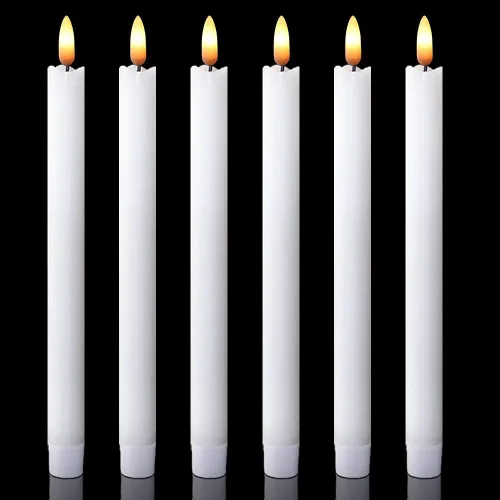 Velas cónicas sin llama blancas, operadas por batería con temporizador de 6H, velas LED parpadeantes con mecha 3D de cera real, decoración para