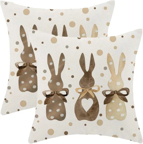 CXMEIFLY Juego de 2 fundas de almohada de Pascua de 18 x 18 pulgadas para decoración vintage de conejo, con lazo de primavera, conejo, para Pascua02