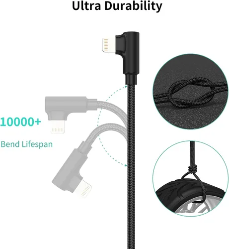 Miniatura 6 de Cable corto Lightning de 1 pie en ángulo recto, paquete de 3 cables de carga rápida USB a iPhone de 90 grados, compatible con Apple iPhone 13, 12