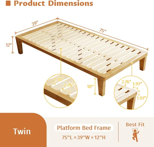 Miniatura 2 de IOTXY Marco de Cama de Plataforma Twin – Base de Fundación de Colchón de Madera Maciza de 12 Pulgadas con Listones y Patas de Apoyo de Alta