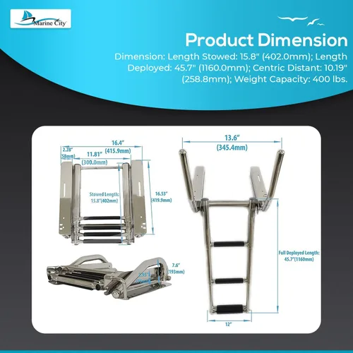 Miniatura 5 de MARINE CITY Escalera telescópica para barco de 3 escalones debajo de la plataforma con pasamanos retráctiles, acero inoxidable 316, resistente al