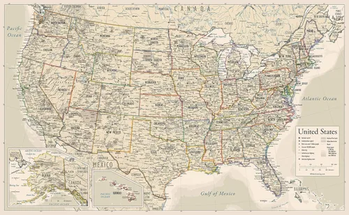 Mapa de Estados Unidos de estilo antiguo - Tabla de pared de los Estados Unidos de América - Hecho en los Estados Unidos - Actualizado (laminado, 18