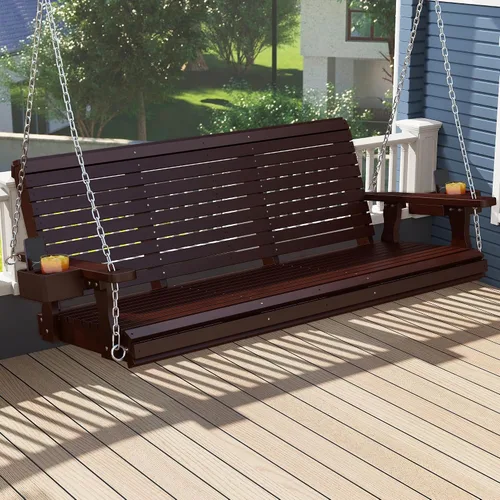 Miniatura 10 de Real Relax - Columpio de madera para el porche delantero, silla colgante de patio al aire libre de 2 plazas con portavasos, banco de asiento