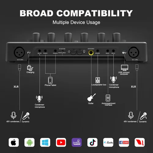 Miniatura 8 de Paquete de equipo de podcast para 2, mezclador de DJ de interfaz de audio con micrófono condensador XLR de 48 V, RGB, cambio de voz, para HS-M100-2X