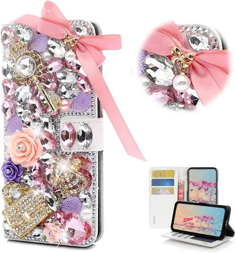 Funda tipo cartera brillante compatible con iPhone Xs Max, elegante, hecha a mano en 3D, con lazo de cristal, diseño de corona, diseño de cartera