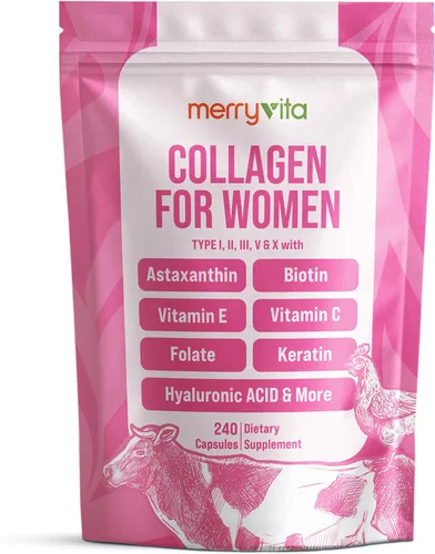 MERRY VITA Colágeno para Mujeres – Péptidos de Multi Colágeno Hidrolizados Tipos I, II, III, V y X – Suplemento de Colágeno con Vitamina C, Biotina