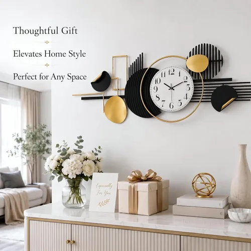 Miniatura 8 de WALL Arte de pared abstracto moderno de metal, círculos geométricos negros y dorados, decoración contemporánea del hogar, 59 x 24 pulgadas, arte
