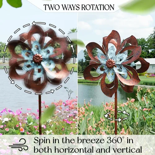 Miniatura 4 de Pure Echo Molino de viento de jardín, molino de viento cinético de flores, escultura de viento de metal para exteriores, grande, 23 pulgadas
