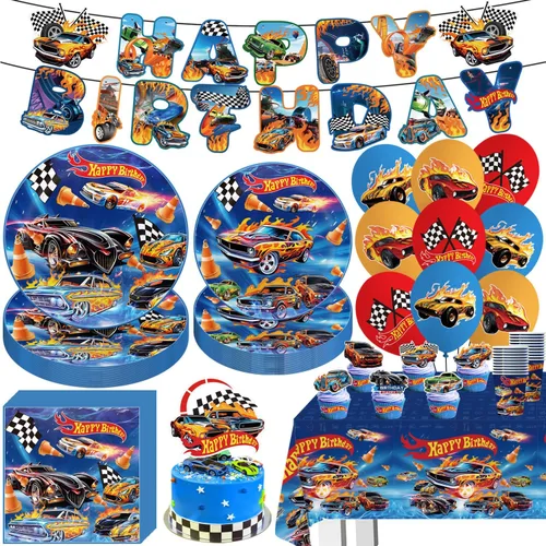 Vajilla de decoración de cumpleaños de auto caliente, 104 piezas, suministros de fiesta temática de automóvil azul, incluye pancartas, platos,