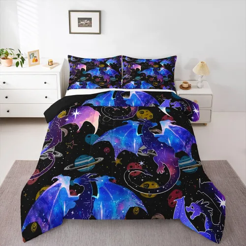 Miniatura 4 de Feelyou Juego de ropa de cama con diseño de dragón y galaxia, cielo estrellado, para niños y niñas, diseño de dragón, decoración colorida, colección