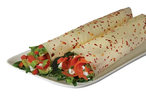 Norigami Envolturas de huevo con proteína de soja, hojuelas de chile. Altas proteínas, bajas en carbohidratos, vegetarianas. Envolturas finas y