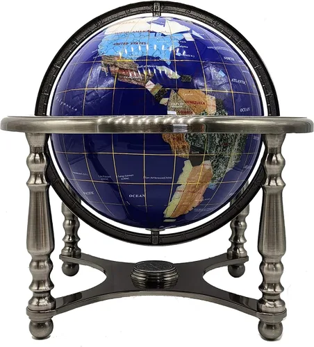 Globo del mundo con piedras preciosas de océano azul con soporte de aleación de zinc plateado de 4 patas (8.661 in/9 pulgadas, 4 patas/azul océano)
