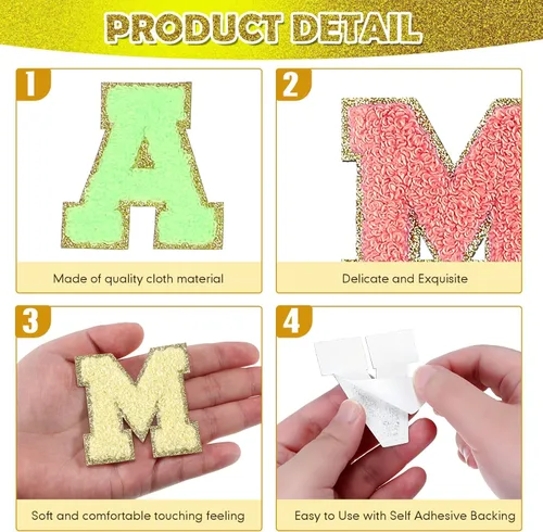 Miniatura 2 de 234 parches autoadhesivos de letras de felpilla de 2.56 pulgadas, borde dorado con purpurina bordada para tela, reparación de ropa, decoración