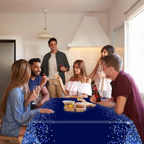 Miniatura 4 de 3 piezas Manteles Azul Plateado Decoraciones de Fiesta Mezclilla y Diamantes Mantel Azul Marino y Plateado Desechable de Plástico Confeti Real