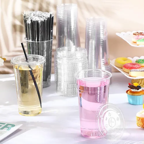 Miniatura 5 de Nuogo Juego de 100 vasos de plástico transparente de 32 onzas con tapas planas y pajitas, vasos de plástico PET con tapas, pajitas de colores, vasos
