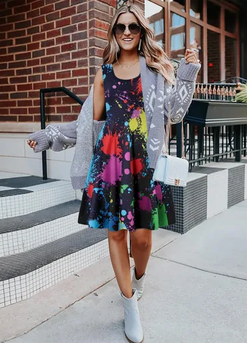 Miniatura 46 de uideazone - Vestido de mujer sin mangas cuello redondo de verano, para playa, casual, Midi línea A.