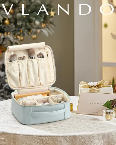 Miniatura 6 de Bolsa de Maquillaje Vlando, Bolsas de Maquillaje de Viaje, Bolsa Grande Portátil de Maquillaje Organizadora con Divisores y Asa, Regalos para A.Azul