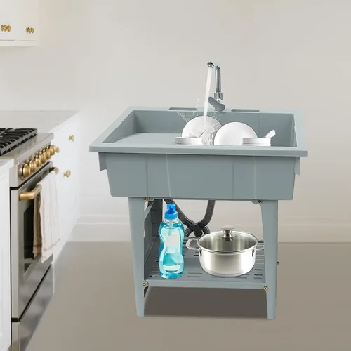 Miniatura 2 de Fregadero de plástico independiente con tabla de lavadero, lavabo para lavandería, lavabo con grifo caliente y frío para garaje, sótano, jardín