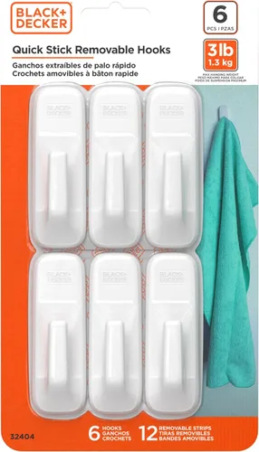 Miniatura 2 de Black+Decker Ganchos de pared sólidos, adhesivo de adherencia rápida, extraíble, 6 ganchos de pared, 12 tiras adhesivas, colgar decoraciones sin