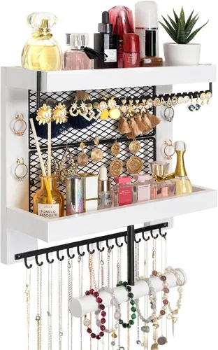 Miniatura 7 de Pinzoveco Organizador de joyas colgante montado en la pared con soporte organizador de joyas de pared para collares, pulsera, aretes, anillo (negro)