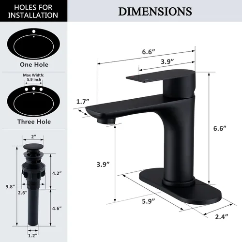Miniatura 5 de TONNY Grifo de baño negro mate, grifo de lavabo de baño de un solo orificio con drenaje desplegable y manguera de suministro de agua, grifos de baño