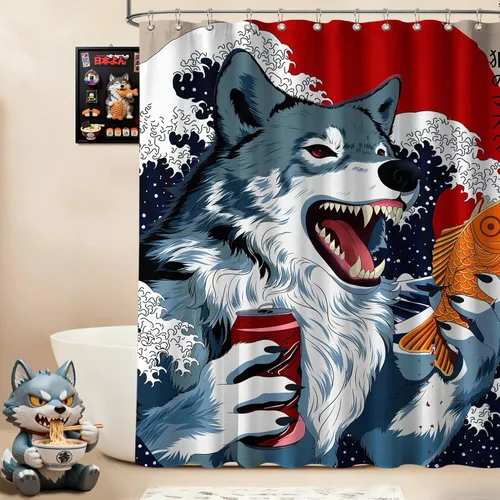 Miniatura 12 de Cortina de ducha estrecha con diseño de gato negro y animé japonés para casa rodante, juegos de decoración de baño, tela impermeable con ganchos, 36