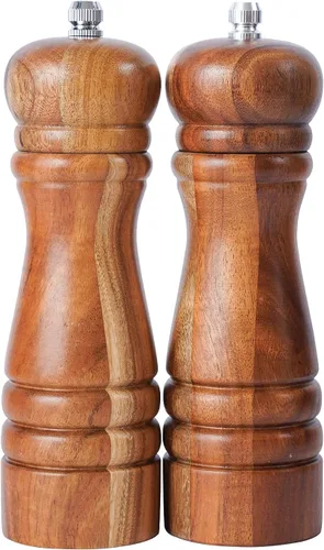 Juego de molinillo de sal y pimienta, juego de 2 molinillo de sal y pimienta con molinillo de cerámica, madera de acacia, altura de 6.5 in (bandeja