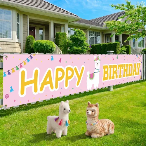 Cartel de llama alpaca con texto en inglés «Happy Birthday» de color rosa, bonito telón de fondo para decoración de patio, niña, niño, princesa,