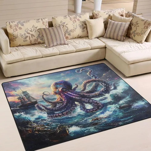 Miniatura 18 de ALAZA Alfombra antideslizante de juego de piscina retro colorida de 4 x 5 pies 3 pulgadas y 3 pulgadas para sala de estar, comedor, dormitorio
