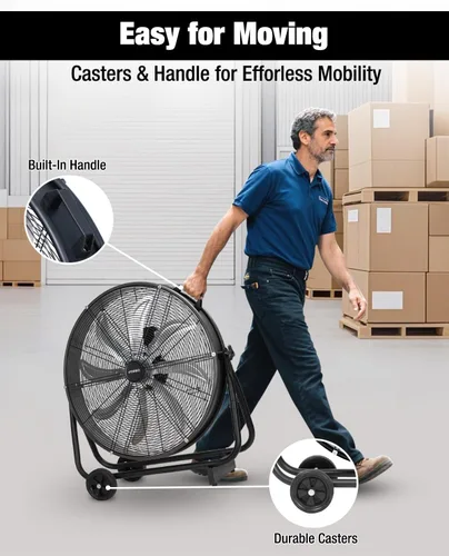 Miniatura 6 de Ventilador de tambor industrial de 24 pulgadas, 9,500 CFM de alta velocidad de 3 velocidades circulador de aire de metal resistente con mango